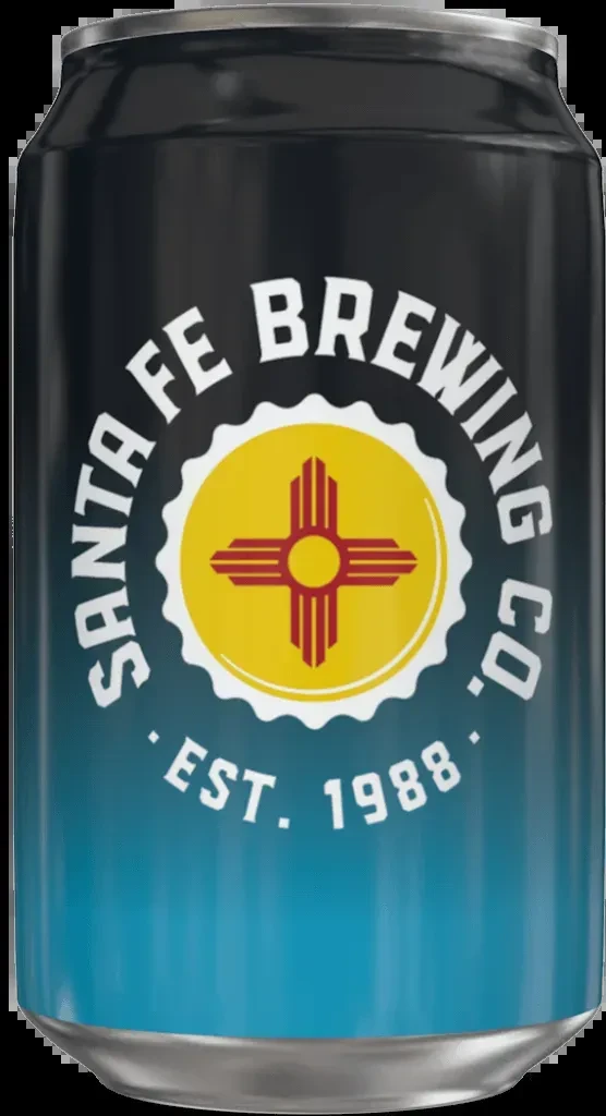 Santa Fe Brewing Co. can, blue gradient with red Zia symbol.