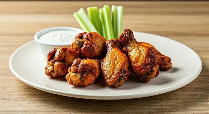 Plate of golden-brown chicken wings, creamy dipping sauce, and celery.