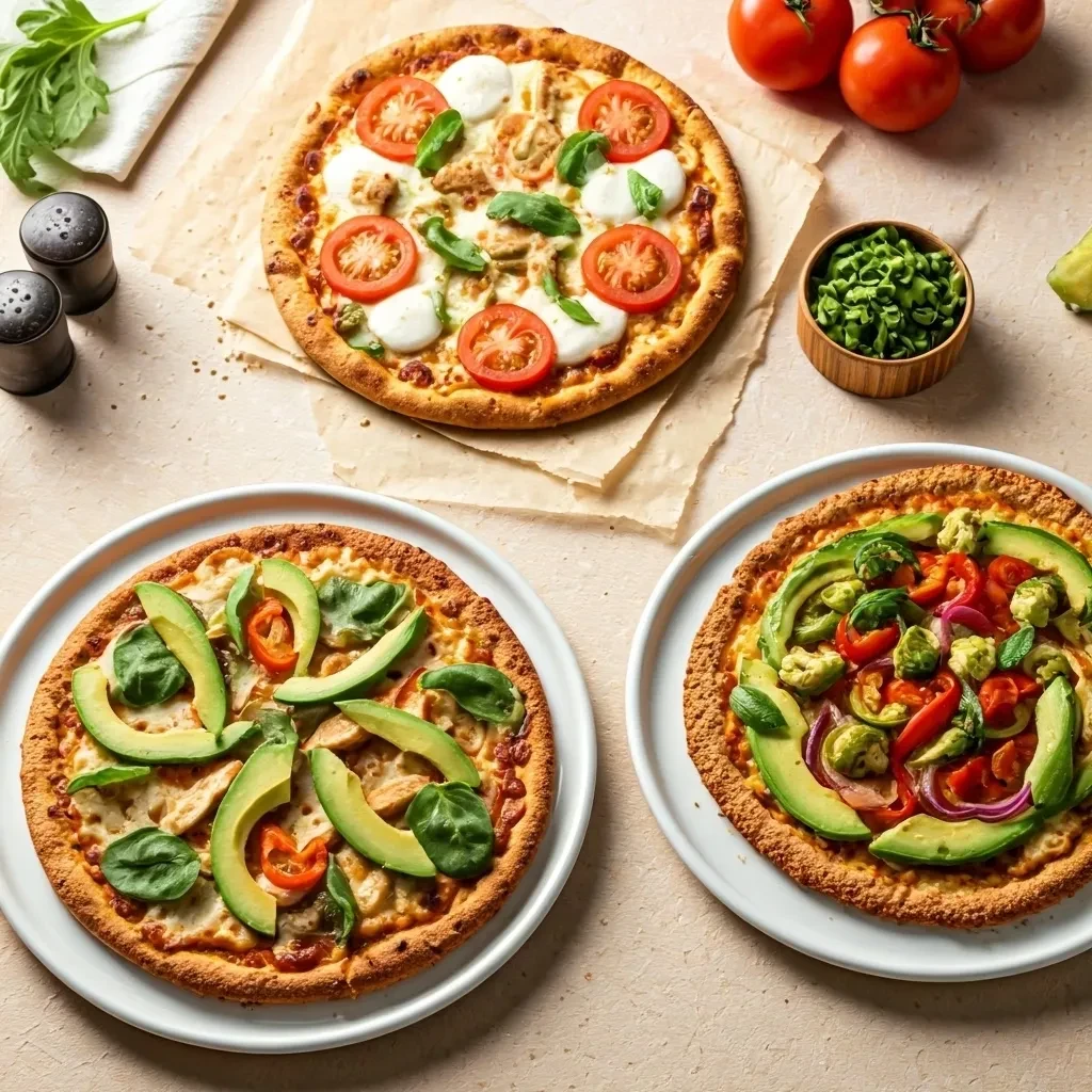 Three pizzas: Margherita, chicken-avocado, and roasted vegetable.
