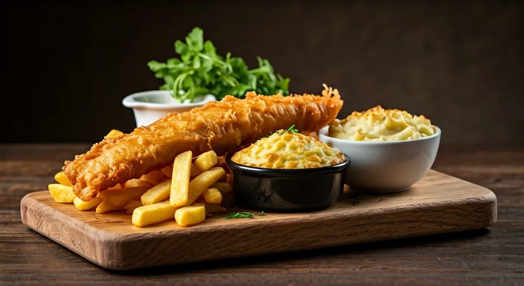 Golden fish and chips, mashed potatoes, green sauce on wooden board.