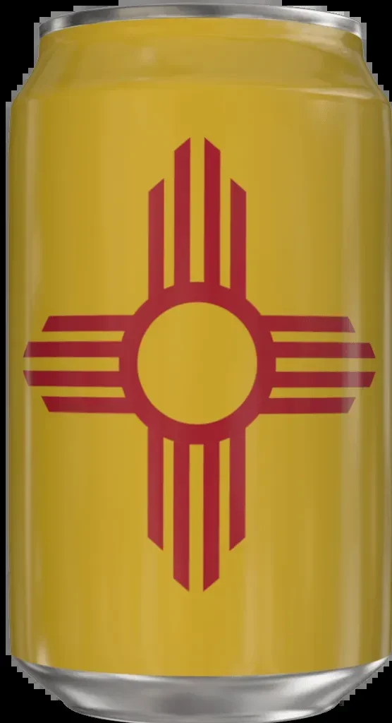 Aluminum beverage can with red Zia symbol on yellow.