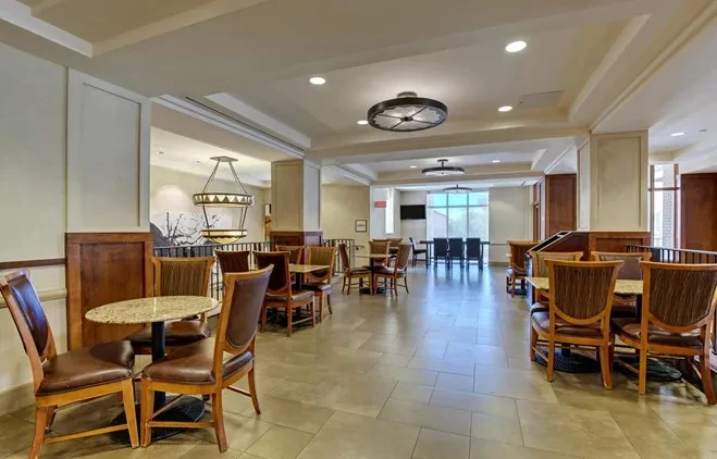 Empty dining area with brown leather chairs, light tables, and modern decor.