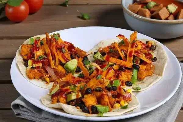 Three colorful tacos with vegetables, sauce, and crispy strips on a plate.