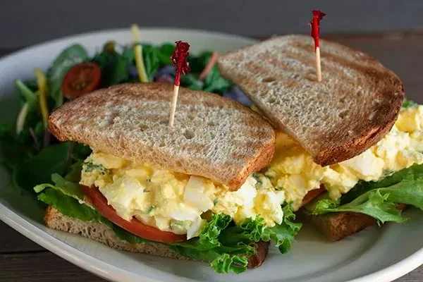 Two egg salad sandwich halves on whole wheat bread with side salad.