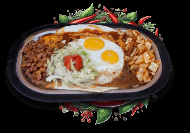 Mexican breakfast: fried eggs, beans, potatoes, and tortillas with red sauce.