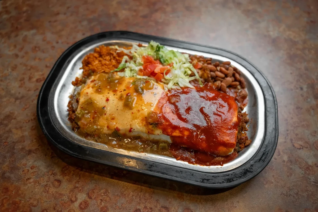 Overhead shot of a dual-sauced enchilada or burrito with rice, beans.