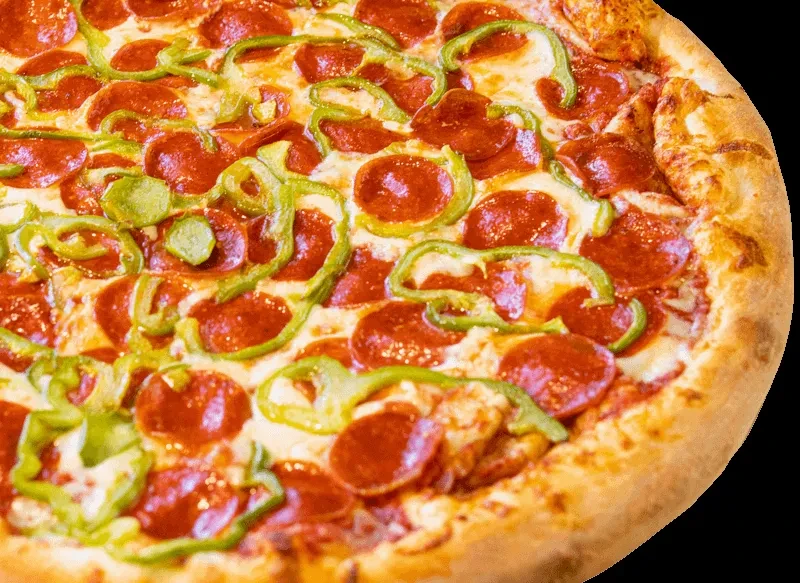 Close-up pizza with red pepperoni, green peppers, and bubbly cheese.