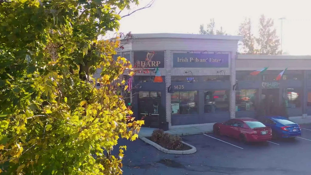 The HARP Irish Pub exterior, parking lot, flags, and prominent tree.