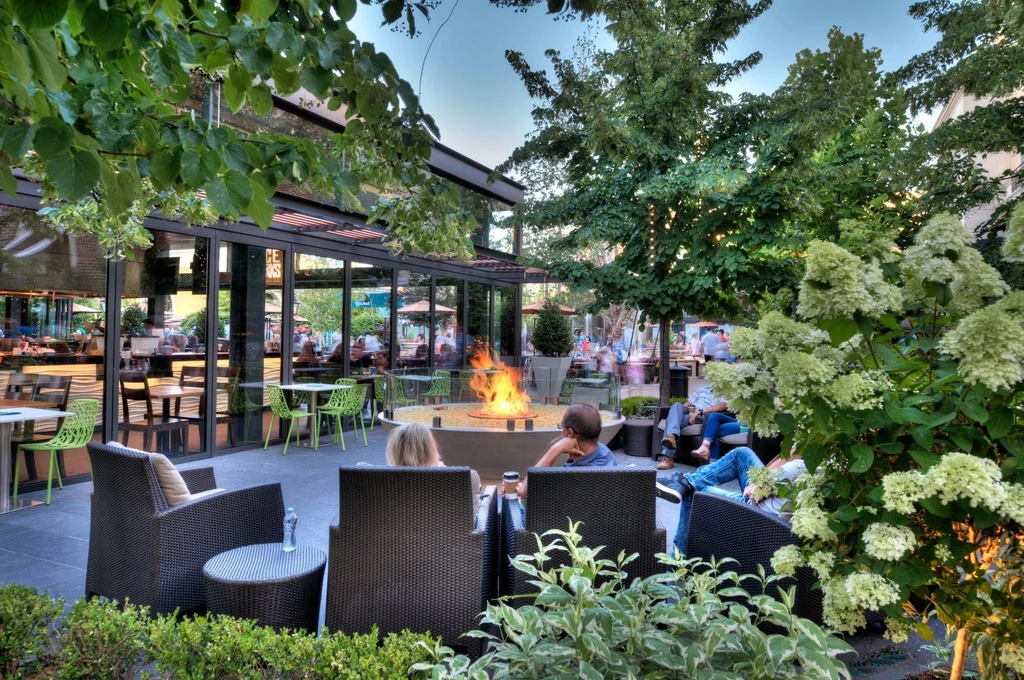 Outdoor restaurant patio with fire pit, lounge chairs, greenery, and guests.