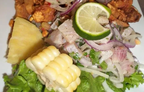 Overhead colorful fish ceviche with lime, corn, and fried plantains.