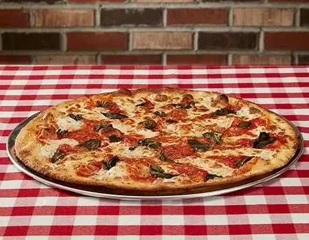 Freshly baked pizza with mozzarella and basil on a checkered tablecloth.