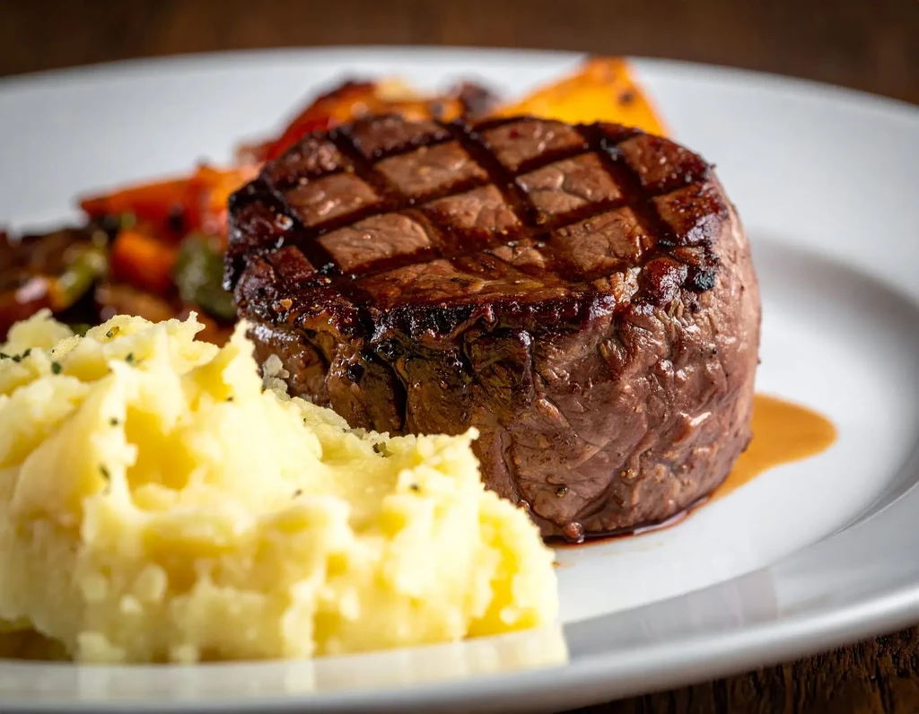 Juicy grilled steak with crosshatch marks, mashed potatoes, and colorful vegetables.
