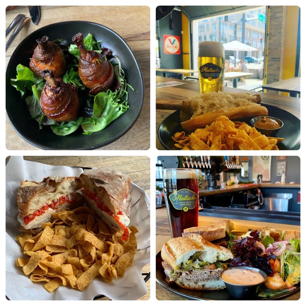 Composite of four images: beer, sandwiches, and appetizers from Mallack's.