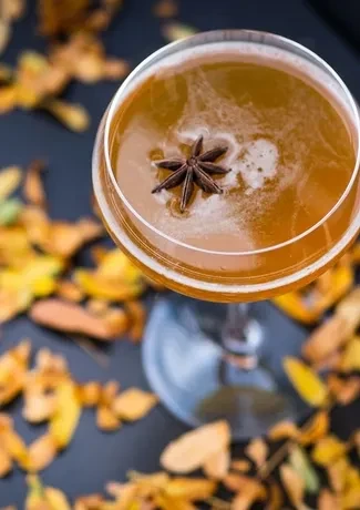 Top-down: Amber cocktail in coupe with star anise and autumn leaves.