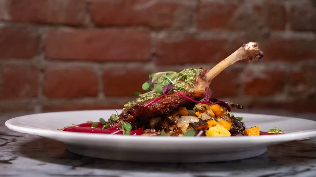 Gourmet plated duck leg with herby relish, roasted vegetables, and red sauce.