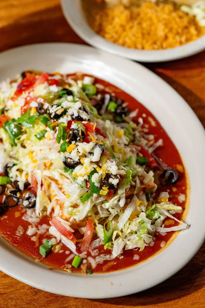 Colorful, smothered enchilada with fresh toppings, viewed from above.