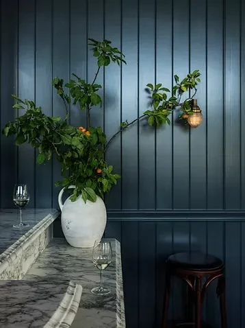 Elegant marble counter with fruit branches, wine glasses, dark wall.
