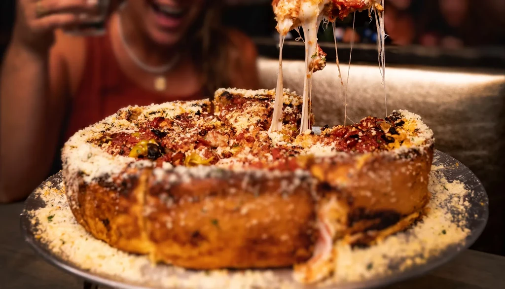 Close-up of deep-dish pizza with a long, stringy cheese pull.