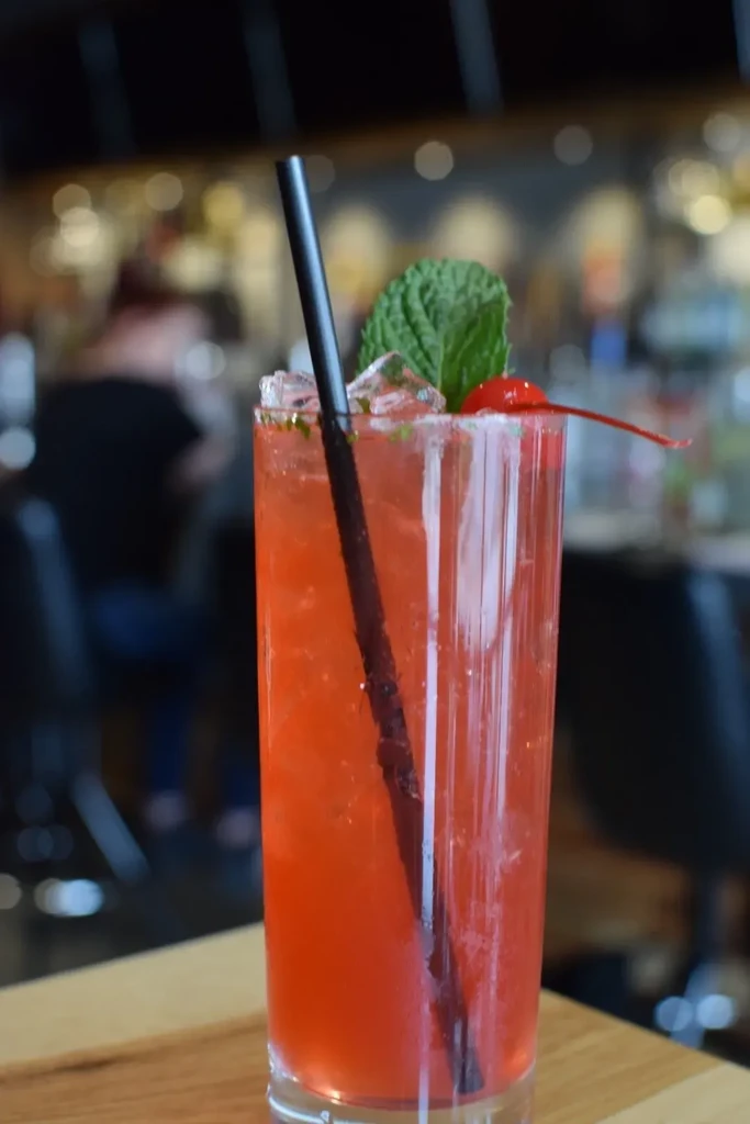 Red-orange cocktail in tall glass with mint, cherry, and ice.