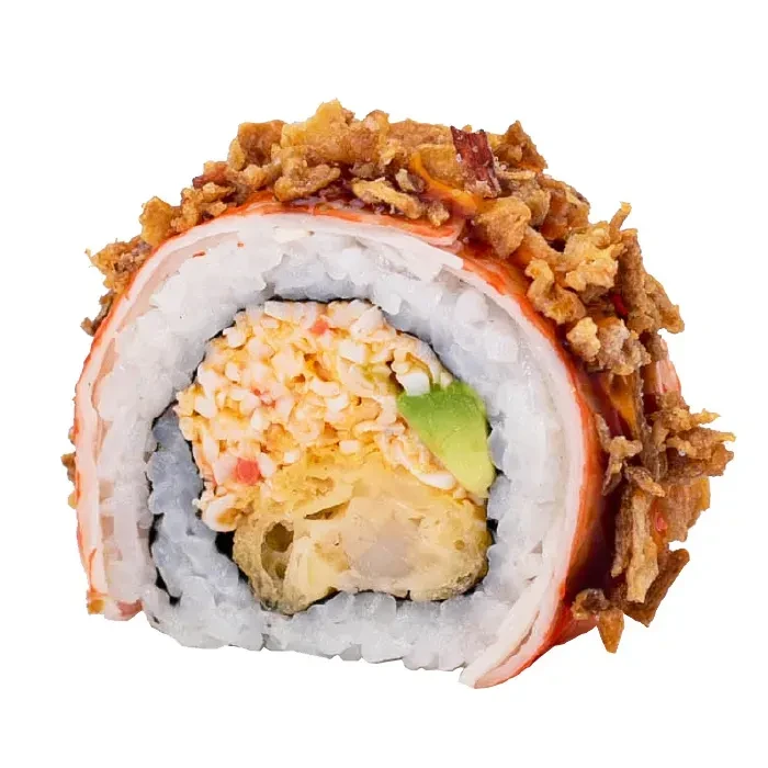 Single sushi piece with rice, orange layer, fried onions, and varied fillings.
