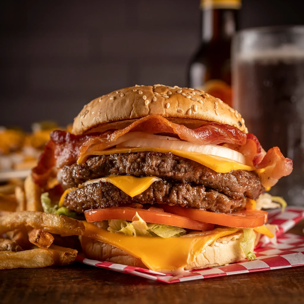 Close-up double cheeseburger with bacon, fries, and drink on a rustic table.