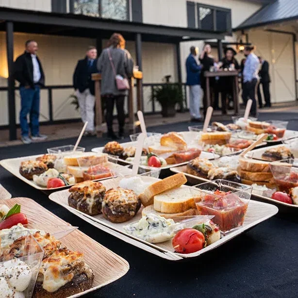 Appetizers on platters, blurred figures mingling at an outdoor event.