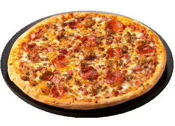 Large, round meat lover's pizza with various meats and bubbly cheese.
