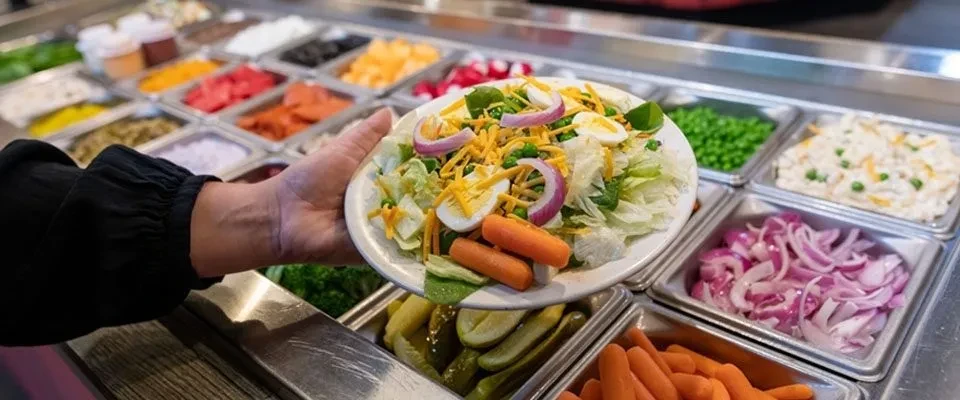 A hand holds a plate of fresh salad at a salad bar.