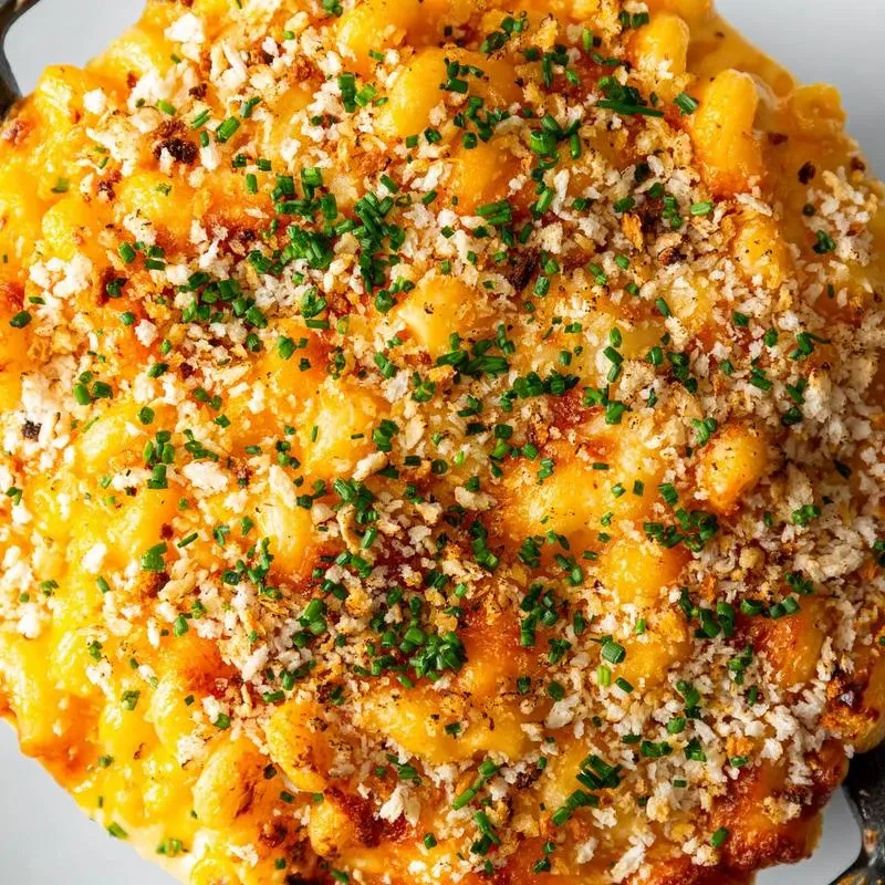 Baked macaroni and cheese with crispy breadcrumbs and green chives.