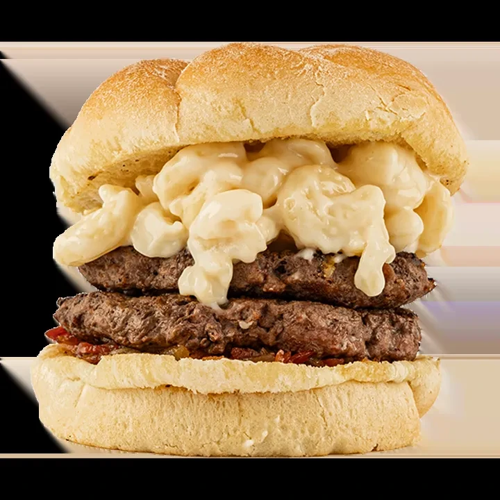 A double beef patty burger generously topped with creamy mac and cheese.