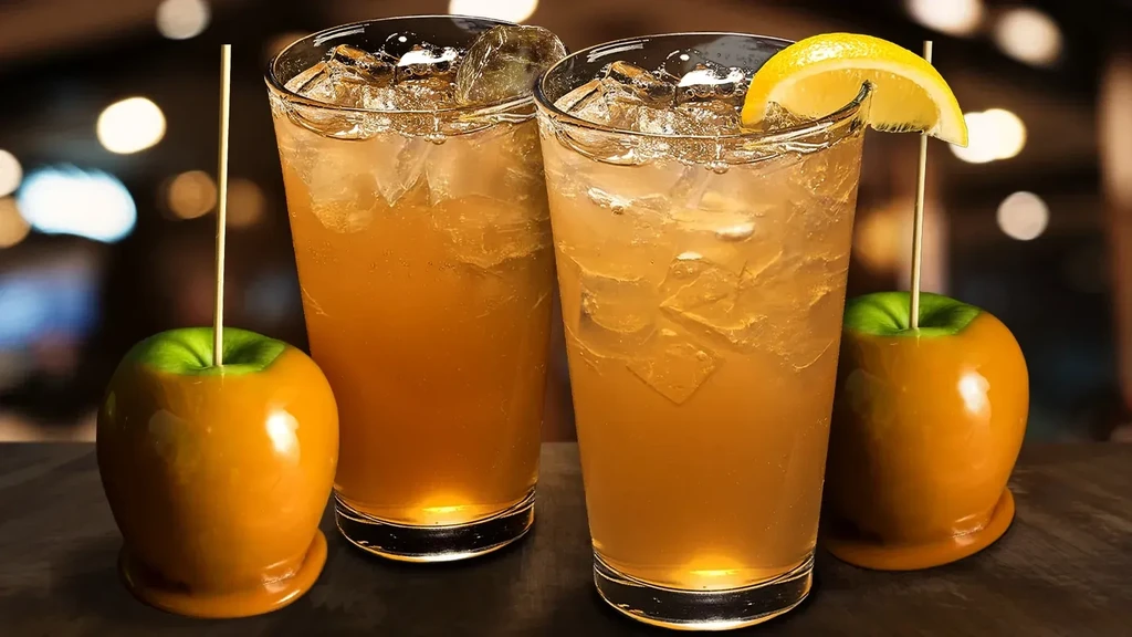 Two iced amber drinks with lemon and two caramel apples.