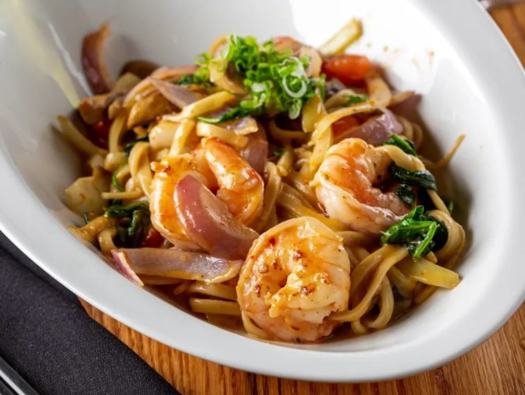 High-angle: Seared shrimp pasta with green vegetables in a white bowl.
