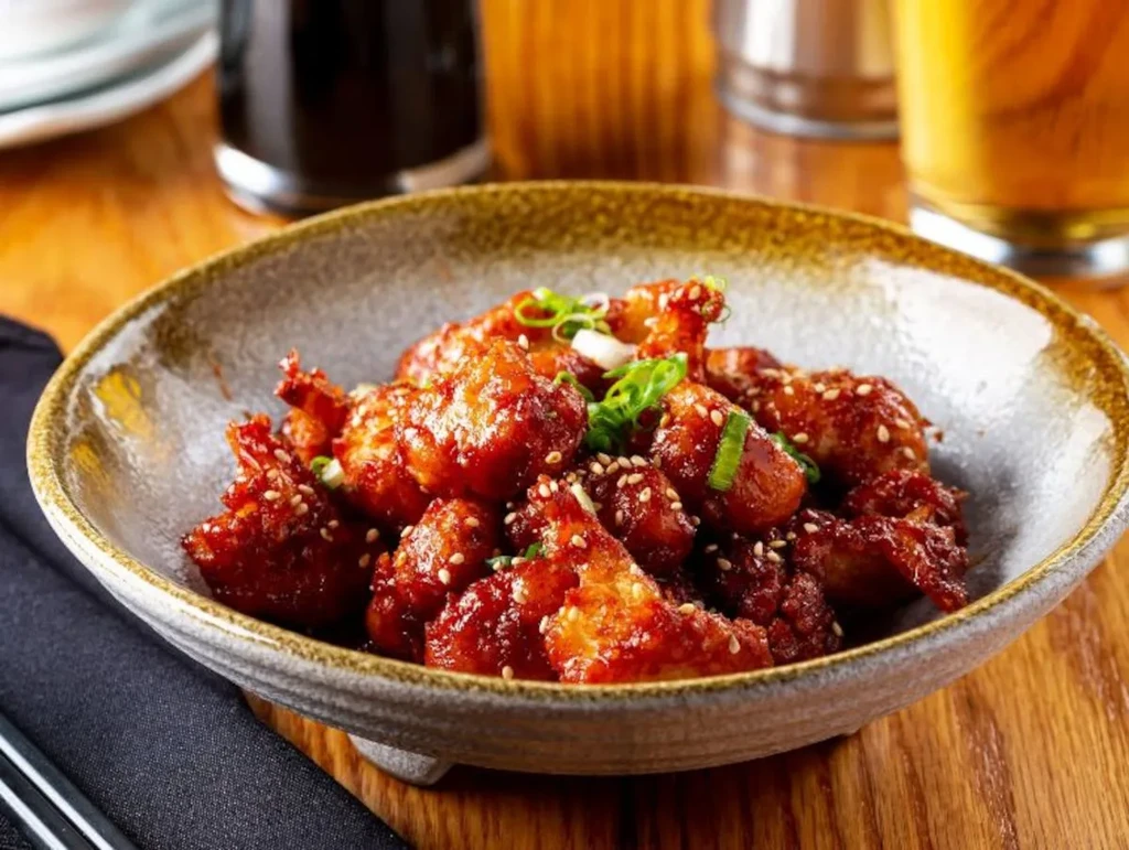 Deep-fried chicken in rustic bowl, red sauce, sesame, green onions.