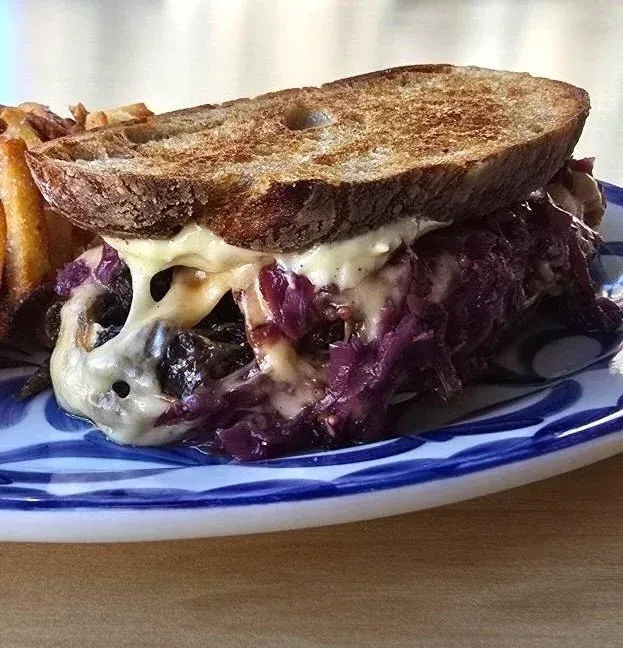 Artisanal toasted sandwich with melted cheese, purple cabbage, and fries.