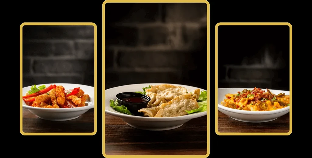 Three framed food dishes: crispy fried, dumplings with sauce, and cheesy pasta.