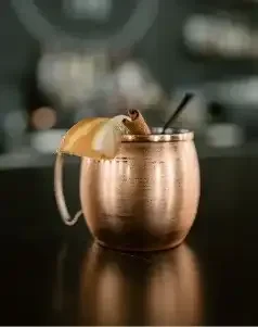 Copper mug drink garnished with dried fruit slice and cinnamon stick.