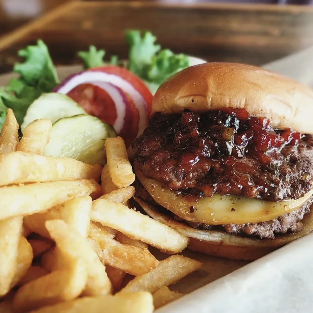 Double-patty burger with melted cheese, dark relish, and golden french fries.