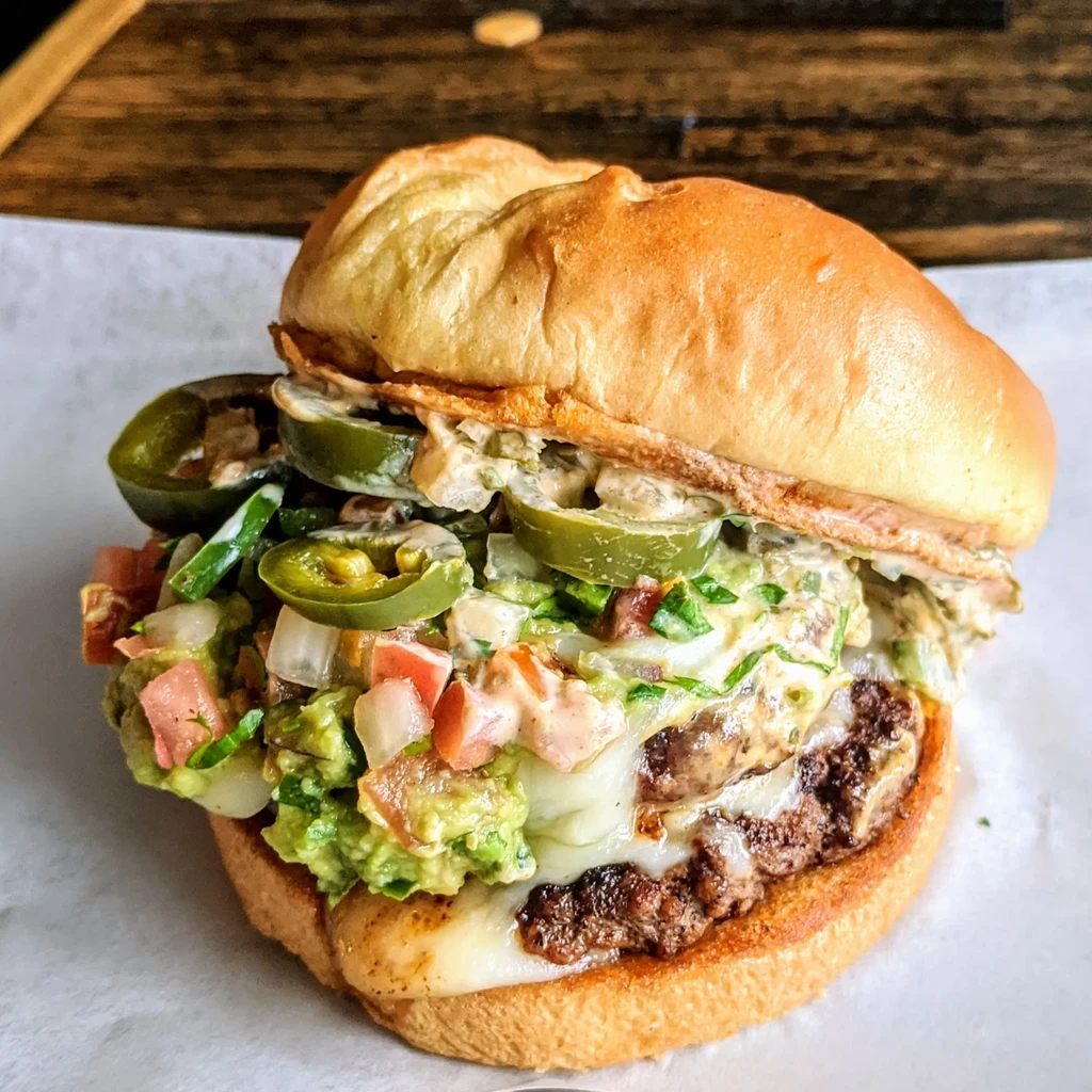 Two-patty burger with cheese, guacamole, tomatoes, onions, and jalapeños.