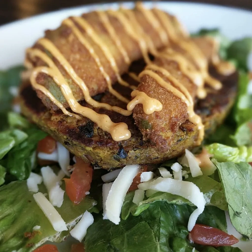 Dark patty topped with fried slices, sauce, lettuce, tomato, cheese.