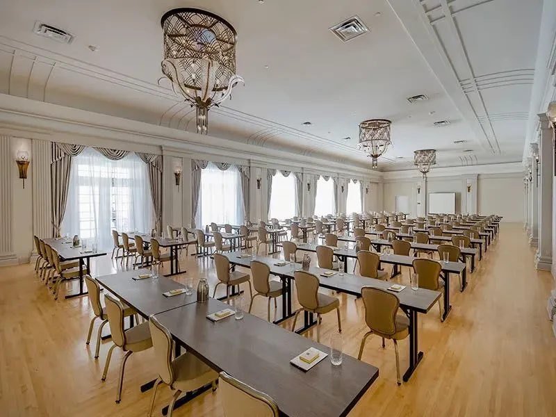 Empty, elegant conference room set up for a large event.