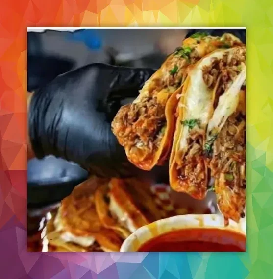 Crispy birria tacos held by a gloved hand, with consommé.