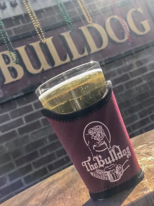 Glass of beer in bulldog koozie, 'BULLDOG' sign, Mardi Gras beads.