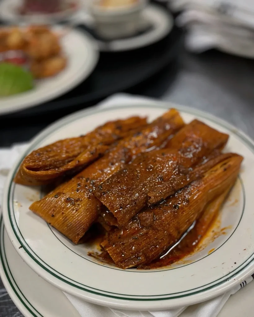 Close-up of tamales in reddish-brown sauce with spices.