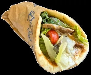 A meat wrap with lettuce, tomato, sauce, and fish-drawn paper.