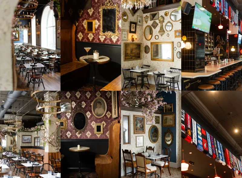 Six distinct interior views of an elegant, modern, and eclectic restaurant.