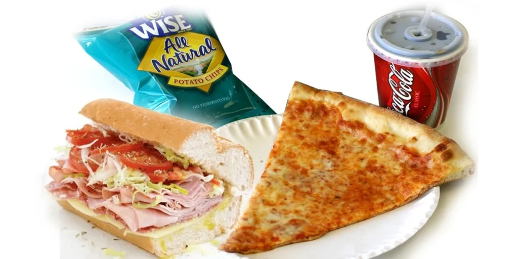Loaded sub, cheese pizza, Wise chips, and Coca-Cola cup.