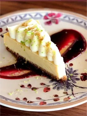 Cheesecake slice with cream, lime zest, nuts, and berry sauce.