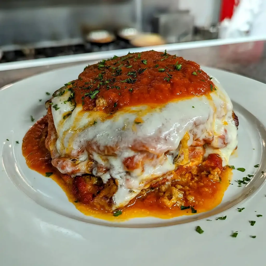 Close-up of layered dish with melted cheese, red sauce, and green herbs.