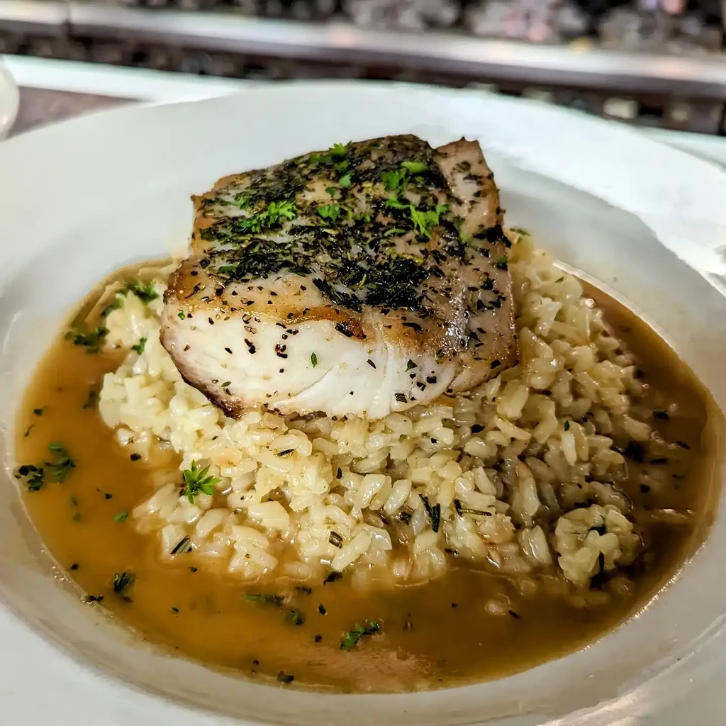 Plated pan-seared white fish on herbed risotto with a rich sauce.