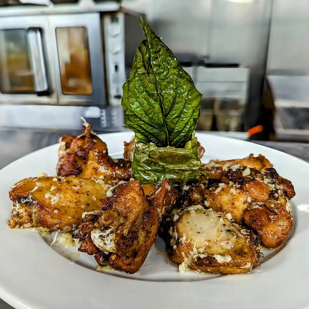 Golden-brown chicken wings with glistening sauce and a green leaf garnish.